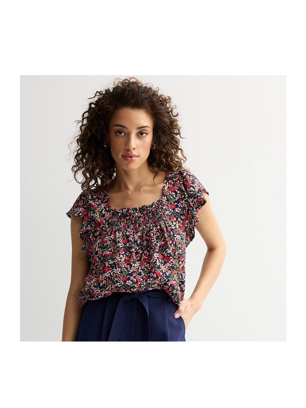 Draper James Navy Floral Flutter Sleeve Squareneck Top
